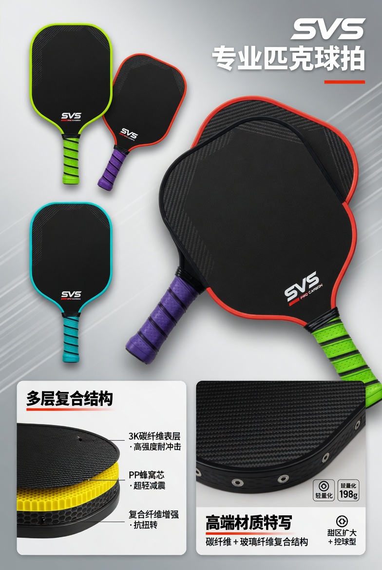 SVS 专业匹克球拍·多层复合结构：3K 碳纤维表层 + PP 蜂窝芯 + 复合纤维增强，碳纤维与玻璃纤维复合结构